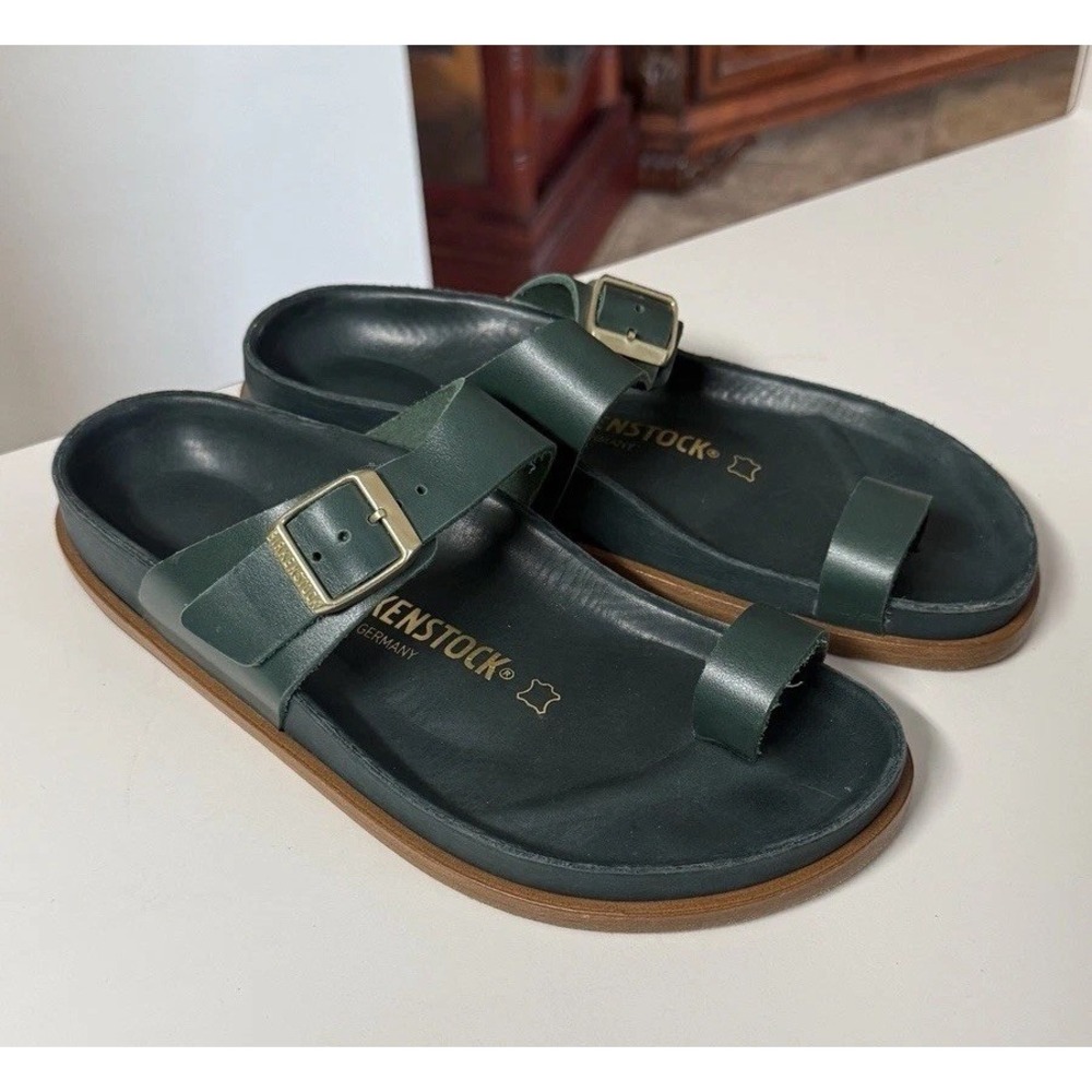 RARE Birkenstock Ciney Premium Leather Sandals Green Gold Big Buckle 38 Women 7